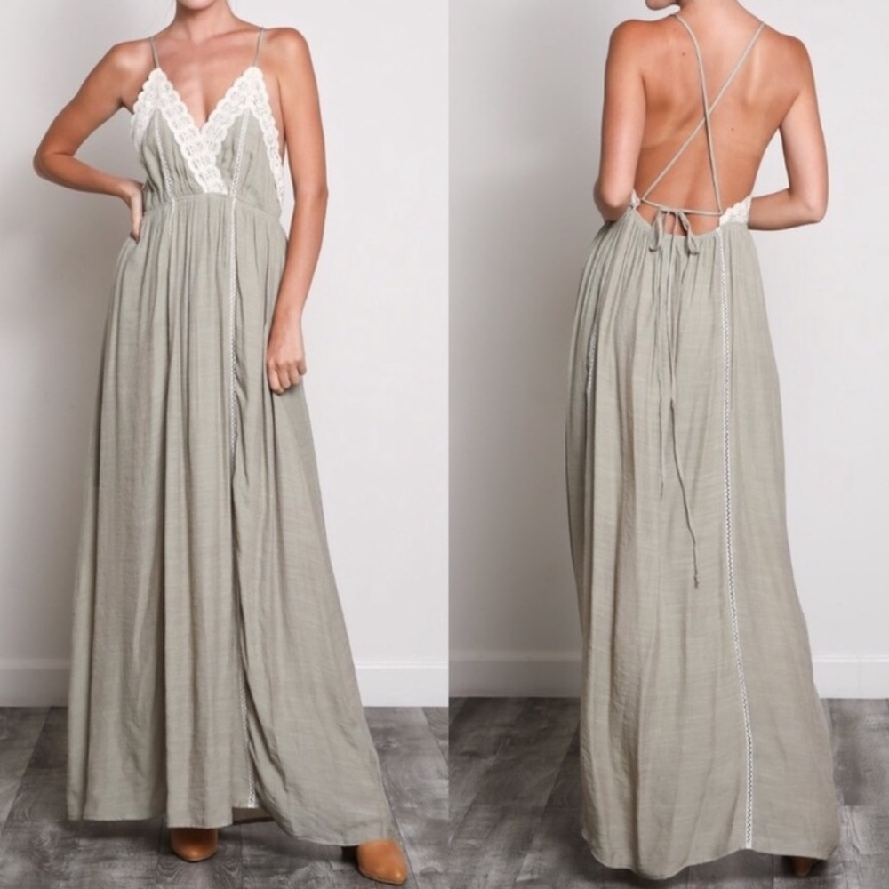 🆕 Spring Sage Lace Trimmed Backless Maxi Dress